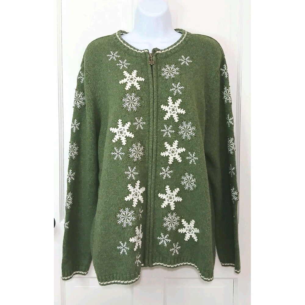 Croft & Barrow Women's 1X Green Holiday Snowflake Zip Up Cardigan Sweater